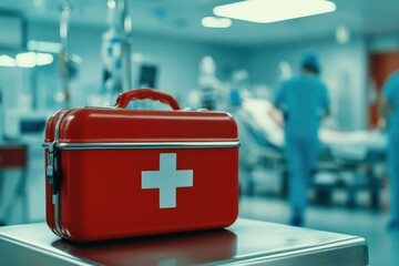 Red first-aid kit in a hospital setting.