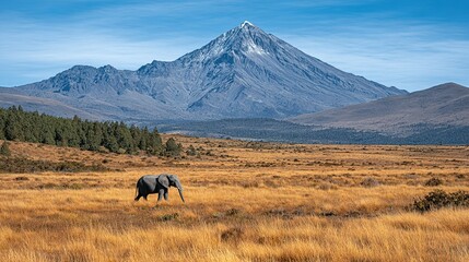Majestic mountain vista with solitary elephant in a golden field.