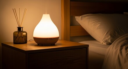 Relaxing ambience created by essential oil diffuser on nightstand for calm sleep and well-being.
