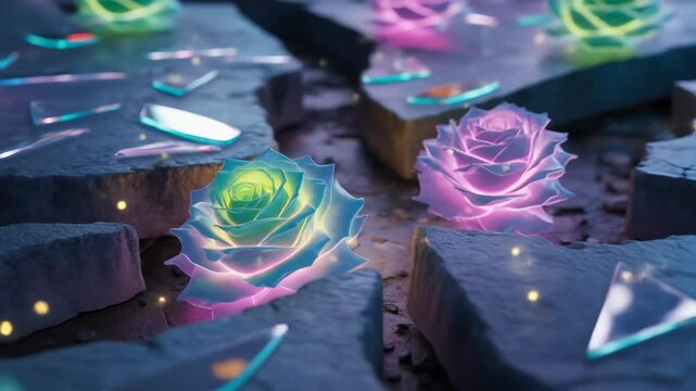 Luminous rose petals embedded in cracked stone formations abstract artistic digital floral design surreal environment bright neon colors creative digital design artistic composition nature imagery