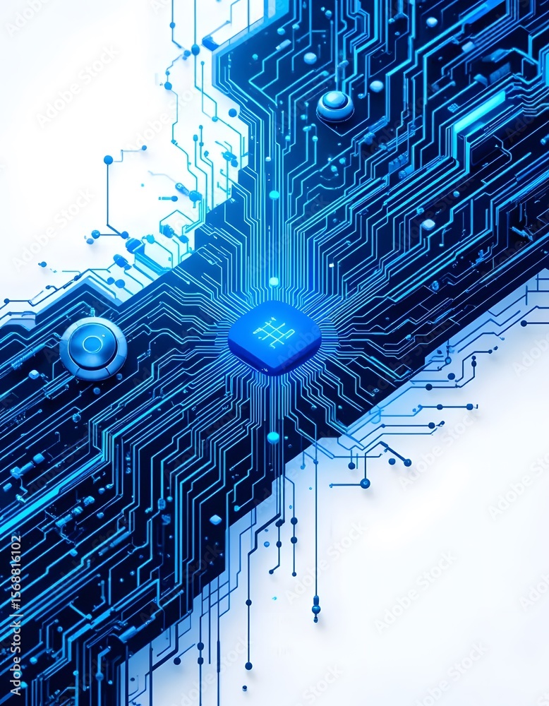 Fototapete abstract digital circuitry: a close-up view of a futuristic microchip and its intricate network of c