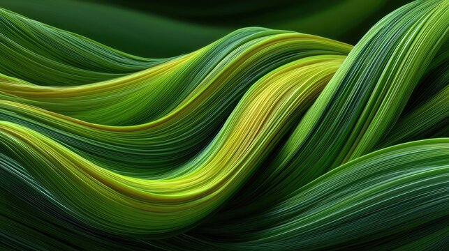 Organic green flowing abstract lines for wallpaper or tech design, natural wave pattern background representing motion, growth, and sustainability