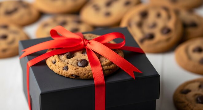 Chocolate chip cookies presented in a black box with festive red ribbon
