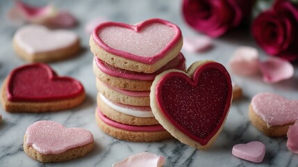 Fototapeta premium Charming Stack of Artisanal Cookies Adorned with Pink and Red Icing and Surrounded by Delicate Rose Petals for Elegant Gatherings