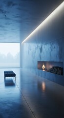 Modern Room with Fireplace and Black Bench in Minimalist Architecture