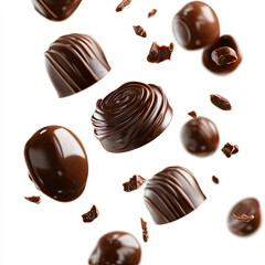 Scattering of chocolate candies, isolated, on white background. Illustration for advertising confectionery products.