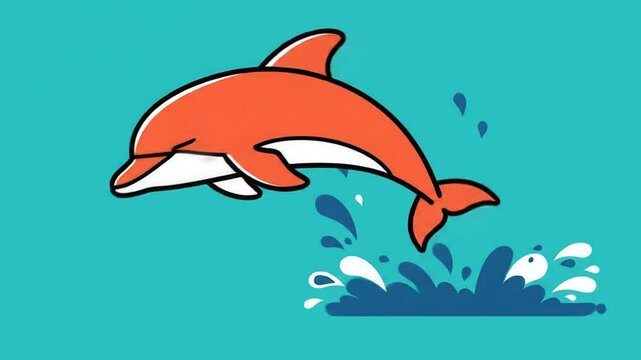 Animated Cartoon Dolphin Leaping Out of Water in Bright Blue Background