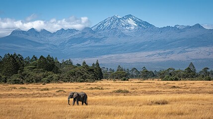 Majestic elephant in a vast, golden savanna, with snow-capped mountains in the distance.