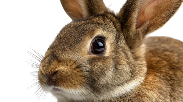 Close-up of a curious rabbit showcasing its detailed features. transparent background