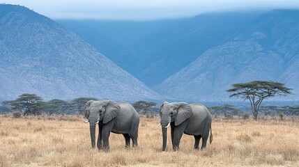 Two elephants stand in a savanna landscape.