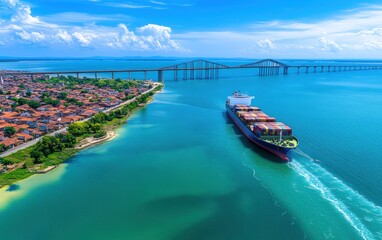 Obraz premium Aerial view of a cargo ship navigating a waterway, with a bridge and coastal town in the background