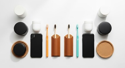 Organized Oral Care Travel Essentials Flat Lay with Toothbrushes Containers and Smartphones on White Surface