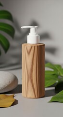 Natural Wooden Pump Bottle with White Dispenser on Grey Background with Tropical Leaf Shadows