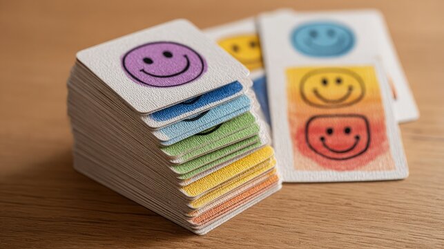Overhead shot of coping skill flashcards on table, mental health support concept, emotional regulation tools, clean background, supportive visual