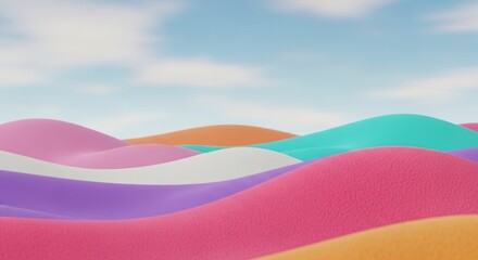 Pastel Colorful Abstract Wavy Landscape with Soft Rolling Hills and Blue Sky