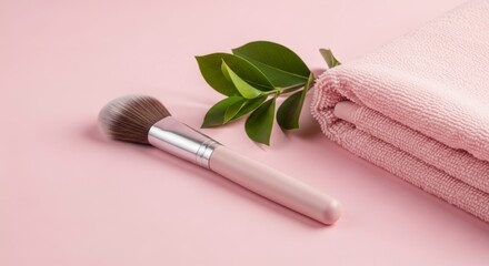 Pink Makeup Brush and Soft Towel with Green Leaves on Pastel Background
