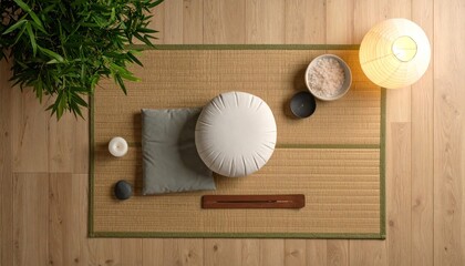 Serene Zen Meditation Space: Bamboo Mat, Cushions, and Soft Lighting