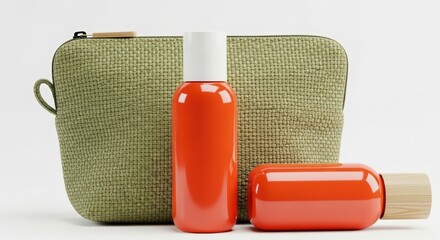 Sleek Orange Cosmetic Bottles and Textured Green Travel Pouch on Clean White Background
