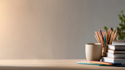 Bright and organized minimalist study area featuring a white desk with a plant, pencils in a cup, and notebooks, ideal for illustrating academic preparation, inspiration, or online learning setup