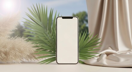 Smartphone with Palm Leaf and Beige Cloth on Neutral Surface