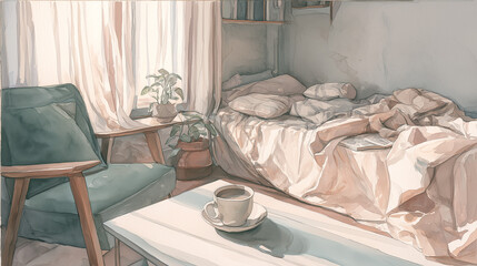 Sunlit minimalist room corner rendered featuring an unmade bed with crumpled sheets, a forgotten teacup on a low surface, and an empty chair near a large window diffusing pale natural light