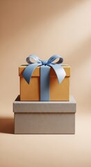 Stacked Gift Boxes with Blue Bow on Beige Background