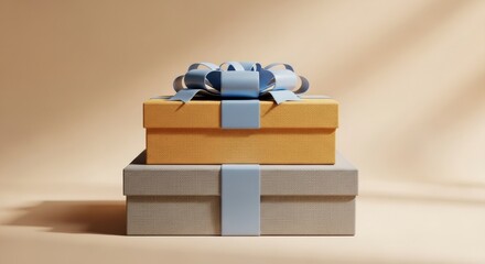Stacked Gift Boxes with Pastel Blue Bows on Neutral Tan Background