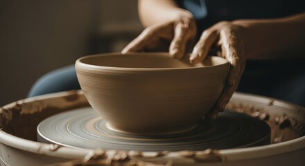 Artist shapes clay on a pottery wheel, crafting a bowl with skill and precision in a studio setting for a calming, creative experience.