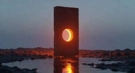 Stone Monolith with Glowing Circle on Dark Landscape at Dusk