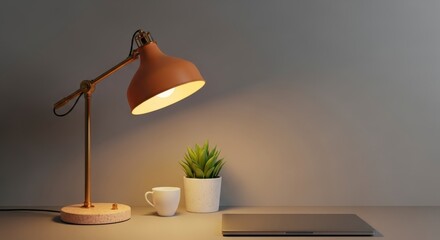 Warm Lit Cozy Desk Workspace with Laptop Plant and Coffee Mug Minimalist Home Office Setup