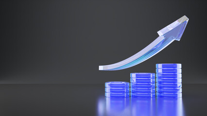 Coins stack with growth graph, glossy glass chart up arrow icon. Trading financial, capital money increase illustration. 3D minimal blue coin pile for economy fund investment stock market backgrounds