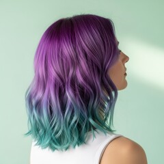 Woman with Vibrant Purple Blue Green Ombre Hair Side Profile on Light Green Background