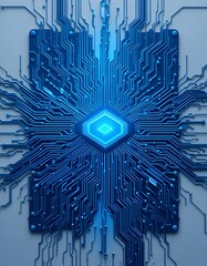 Abstract Digital Circuit Board Design: Futuristic Technology and Blue Hexagon Core