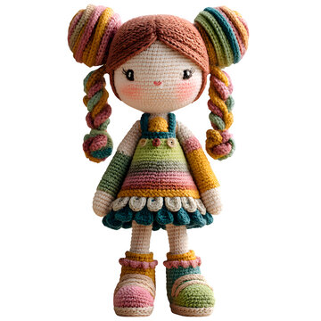 Colorful crochet doll with yarn braids and dress, standing amigurumi style, multicolor wool, isolated transparent background on white wooden background
