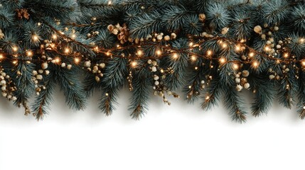Seamless Christmas border with fir branches and glowing light garlands on transparent background, festive design for winter season and holiday cards 