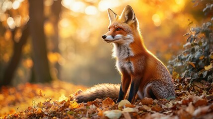 Fototapeta premium Beautiful Red Fox Sitting Among Fallen Leaves in Autumn Forest