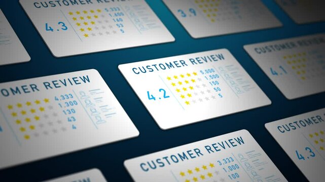 Multiple Customer Review Cards with Star Ratings and Feedback Analytics Displayed on Digital Interface, looped animation