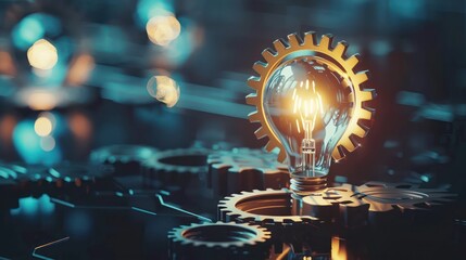 Conceptual image of innovation icons, such as a lightbulb and gears, on a digital display.