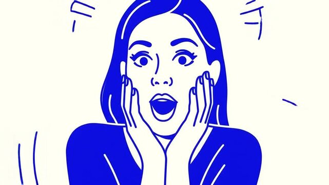 Animated woman with surprised expression holding face in shock or disbelief