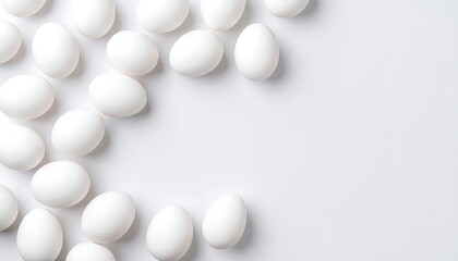 Raw egg placed on white surface with high contrast and space for info