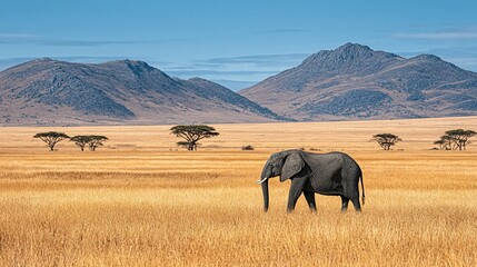 Majestic elephant in a vast, golden savanna landscape.