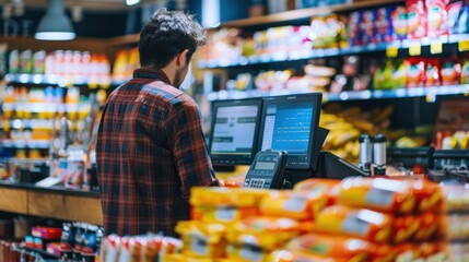 A cashier scanning products at a checkout counter with a view of the store's inventory system.