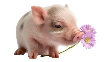 Cute piglet sniffing a pink flower, capturing a joyful moment. transparent background