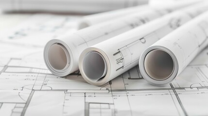 Blueprint rolls and architectural drawings of a new residential development project.