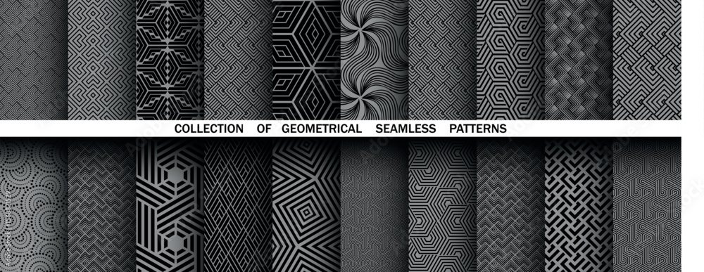 Poster Geometric set of seamless black and gray patterns. Simple vector graphics