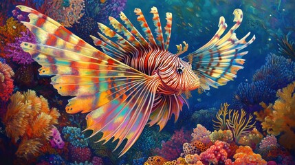 Colorful lionfish in coral reef underwater scene