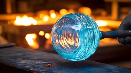 Glowing Blue Glass Orb Reflecting Fiery Furnace in Glassblowing