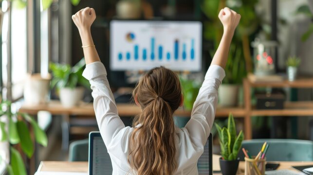 Businesswoman celebrating success with arms raised over a laptop showing positive free cash flow