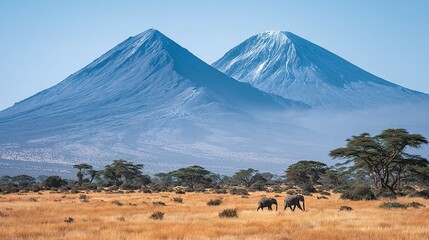 Two elephants walk through a dry savanna landscape beneath towering mountains.
