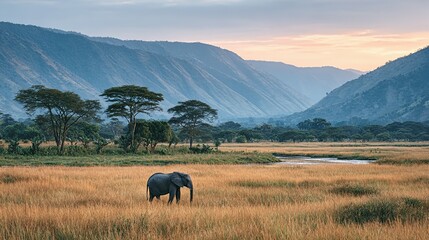 Solitary elephant in a golden savanna landscape at dawn.